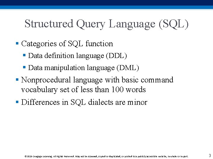Structured Query Language (SQL) § Categories of SQL function § Data definition language (DDL) Structured Query Language (SQL) § Categories of SQL function § Data definition language (DDL)