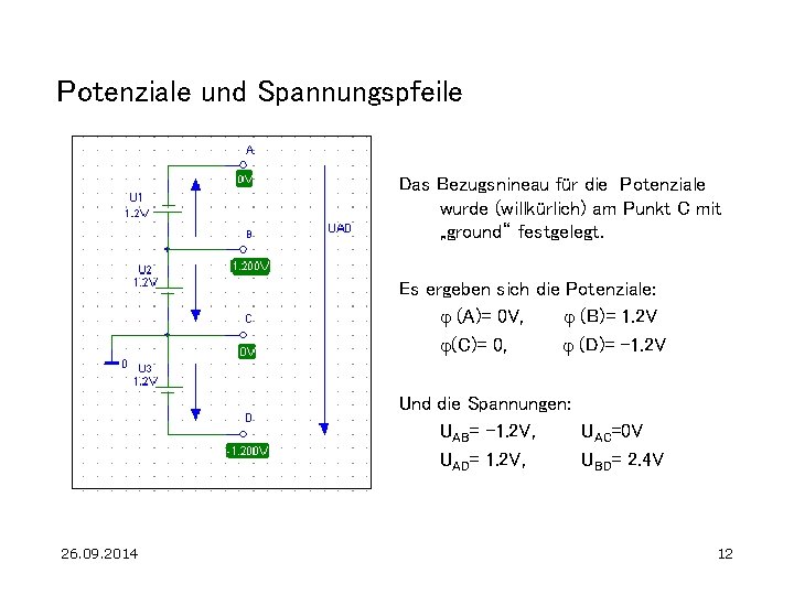 Potenziale und Spannungspfeile Das Bezugsnineau für die Potenziale wurde (willkürlich) am Punkt C mit