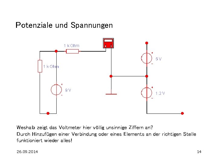 Potenziale und Spannungen Weshalb zeigt das Voltmeter hier völlig unsinnige Ziffern an? Durch Hinzufügen