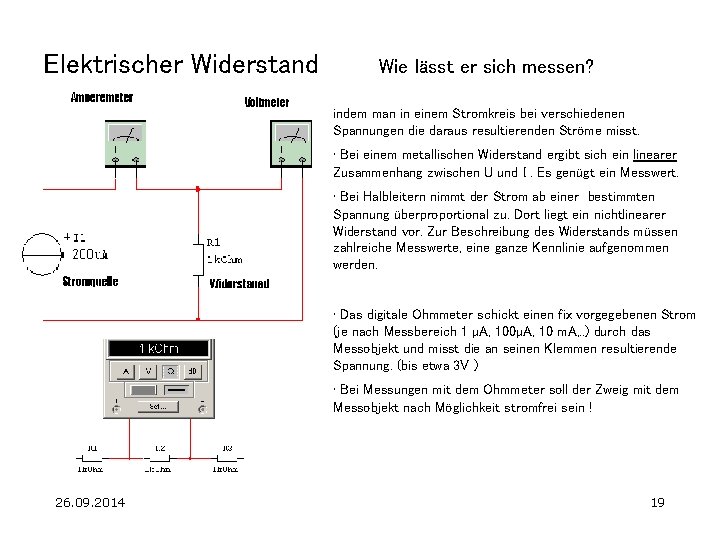 Elektrischer Widerstand Wie lässt er sich messen? indem man in einem Stromkreis bei verschiedenen