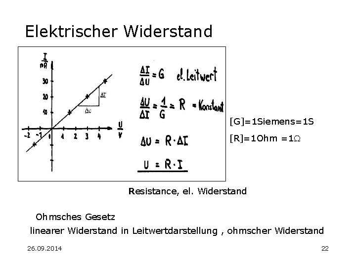 Elektrischer Widerstand [G]=1 Siemens=1 S [R]=1 Ohm =1 W Resistance, el. Widerstand Ohmsches Gesetz