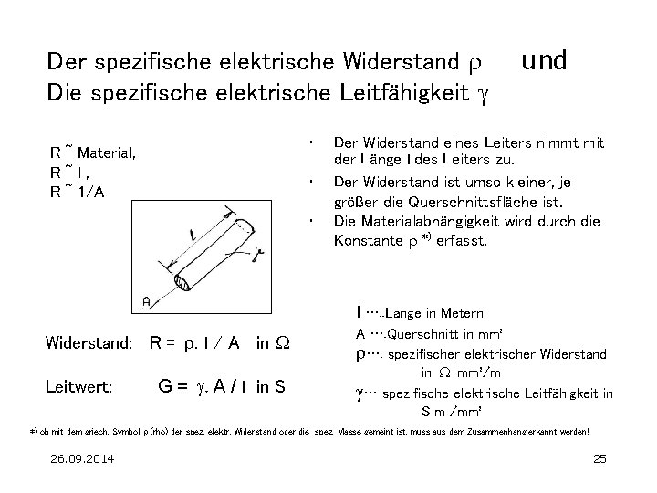 Der spezifische elektrische Widerstand r Die spezifische elektrische Leitfähigkeit g • R ~ Material,