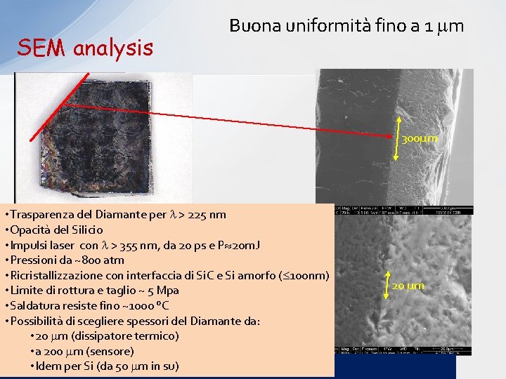 SEM analysis Buona uniformità fino a 1 m 300µm • Trasparenza del Diamante per