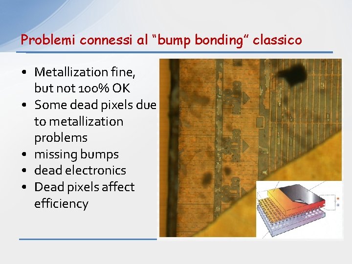Problemi connessi al “bump bonding” classico • Metallization fine, but not 100% OK •