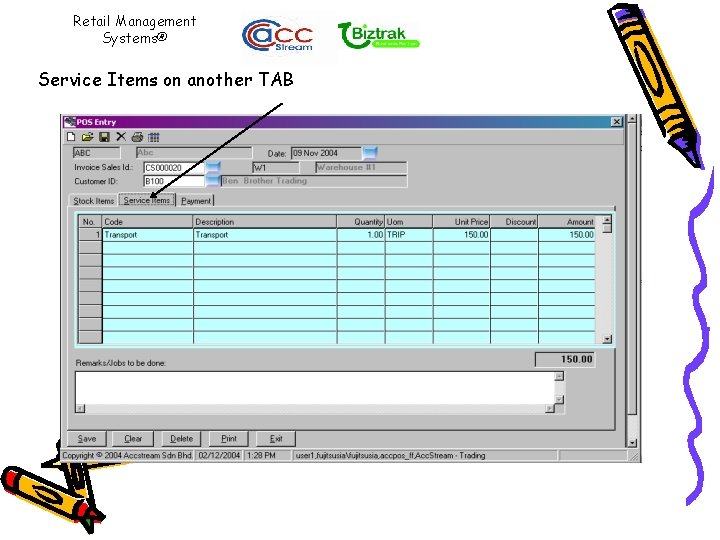 Retail Management Systems® Service Items on another TAB 