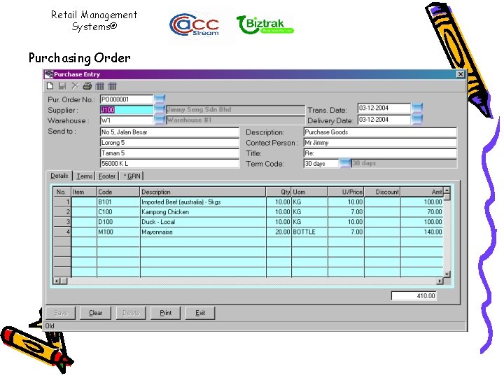 Retail Management Systems® Purchasing Order 