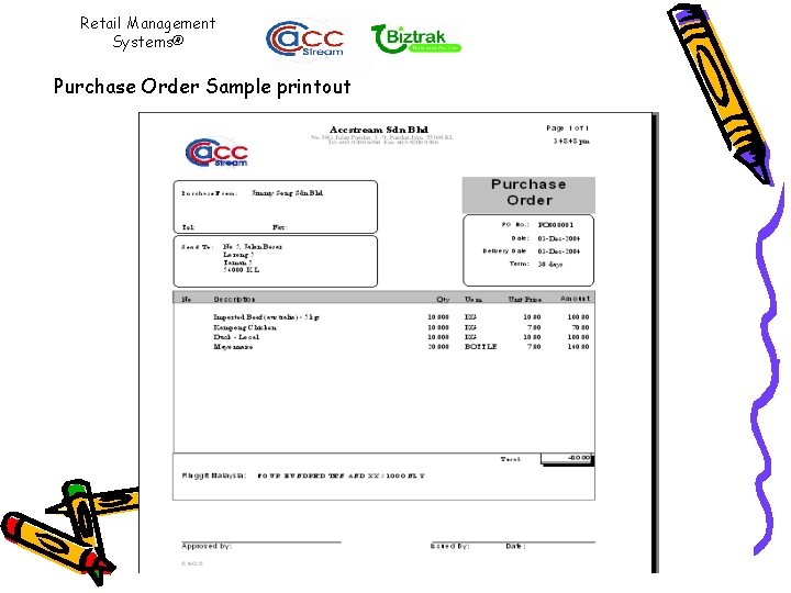 Retail Management Systems® Purchase Order Sample printout 