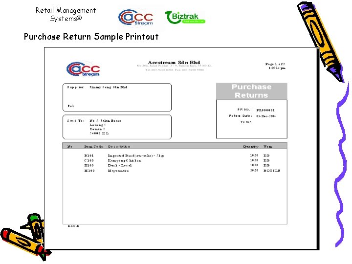 Retail Management Systems® Purchase Return Sample Printout 