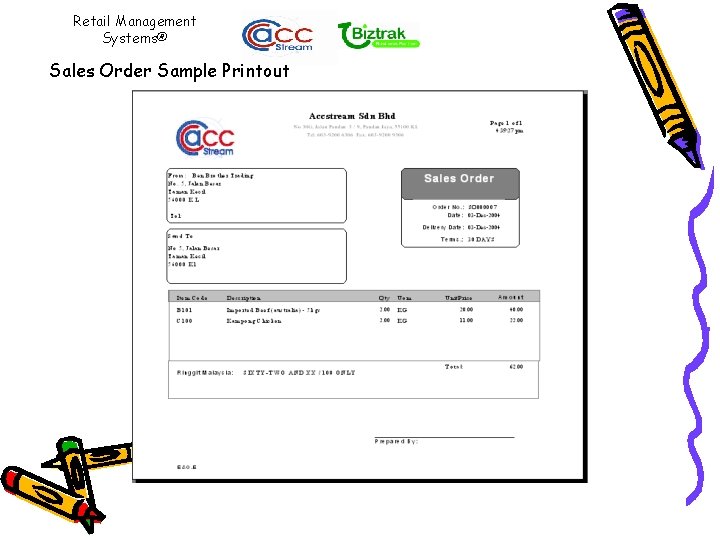 Retail Management Systems® Sales Order Sample Printout 