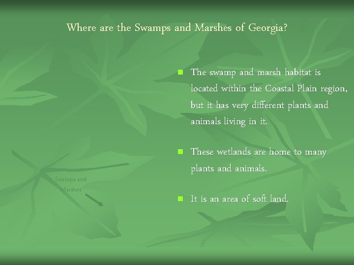 Where are the Swamps and Marshes of Georgia? Swamps and Marshes n The swamp Where are the Swamps and Marshes of Georgia? Swamps and Marshes n The swamp