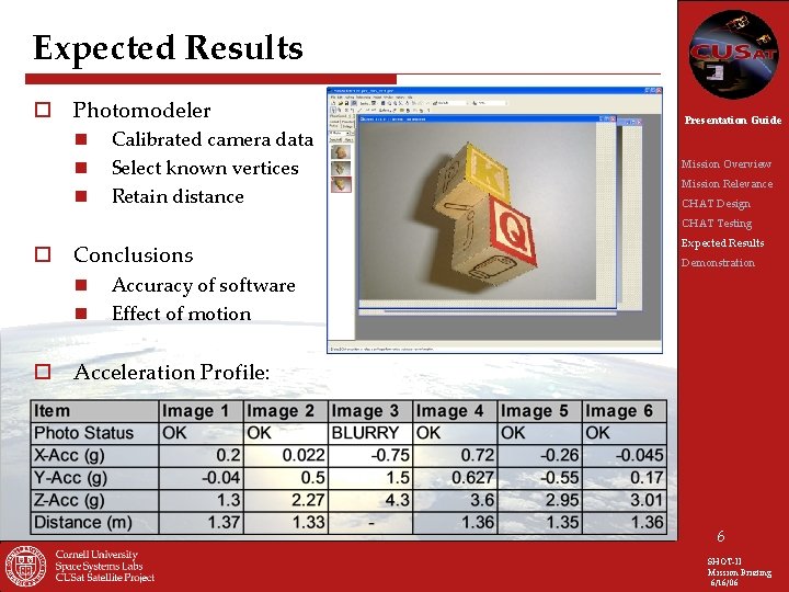 Expected Results o Photomodeler n n n Calibrated camera data Select known vertices Retain