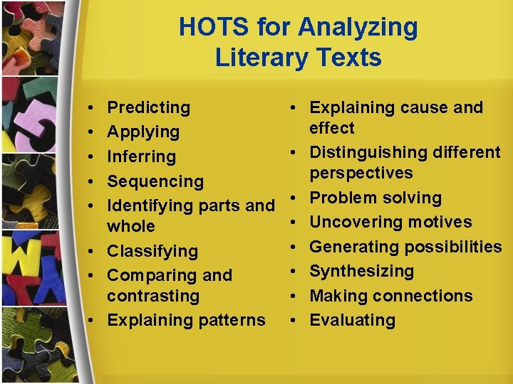 HOTS for Analyzing Literary Texts • • • Predicting Applying Inferring Sequencing Identifying parts