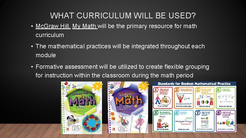 WHAT CURRICULUM WILL BE USED? • Mc. Graw Hill, My Math will be the