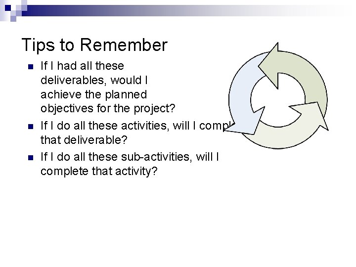 Tips to Remember n n n If I had all these deliverables, would I