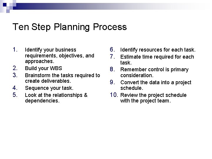 Ten Step Planning Process 1. 2. 3. 4. 5. Identify your business requirements, objectives,