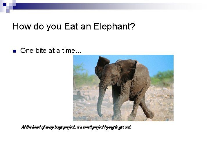 How do you Eat an Elephant? n One bite at a time… At the