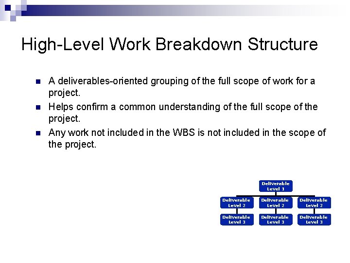 High-Level Work Breakdown Structure n n n A deliverables-oriented grouping of the full scope