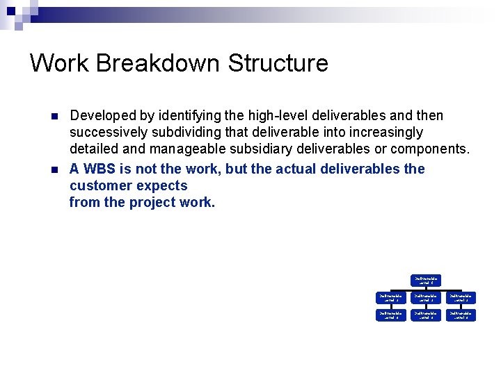 Work Breakdown Structure n n Developed by identifying the high-level deliverables and then successively