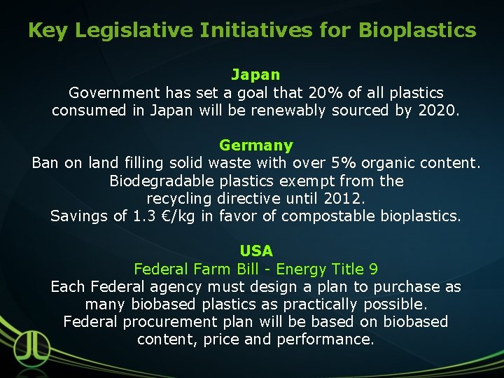 Key Legislative Initiatives for Bioplastics Japan Government has set a goal that 20% of