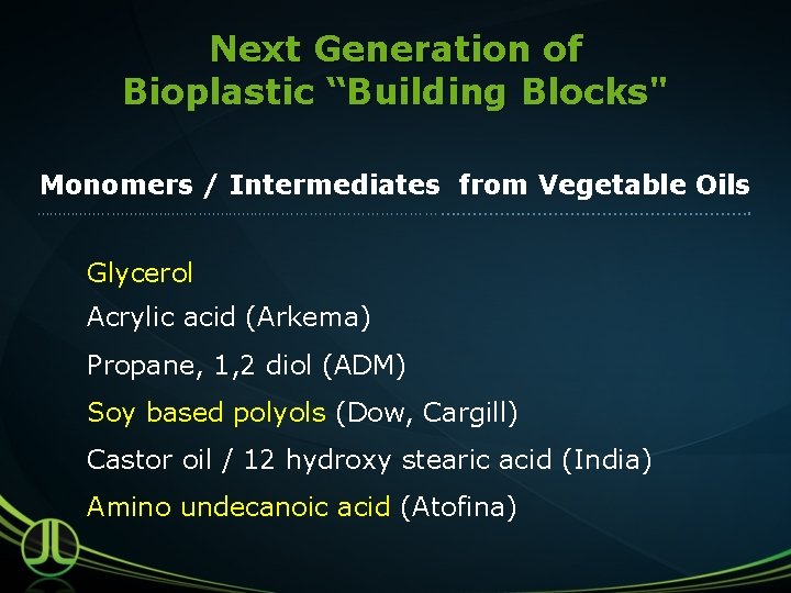 Next Generation of Bioplastic “Building Blocks" Monomers / Intermediates from Vegetable Oils ……………. .