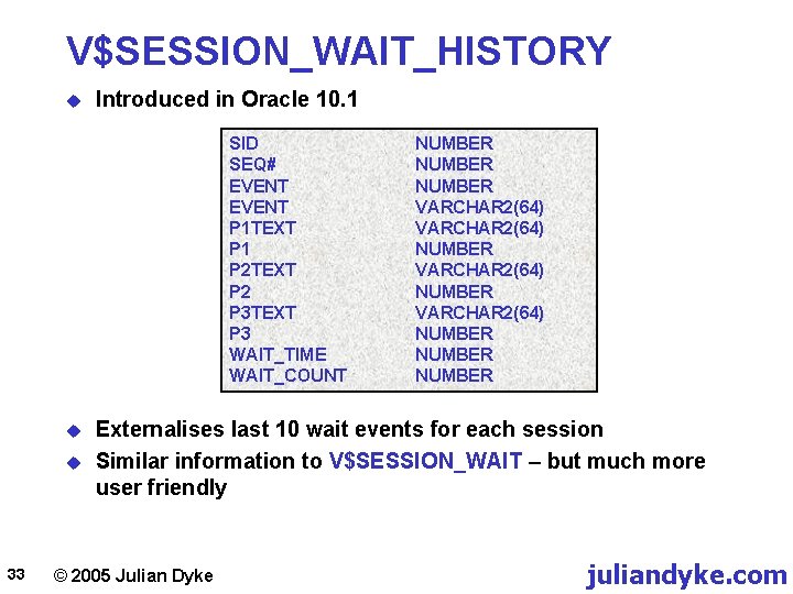 V$SESSION_WAIT_HISTORY u Introduced in Oracle 10. 1 SID SEQ# EVENT P 1 TEXT P