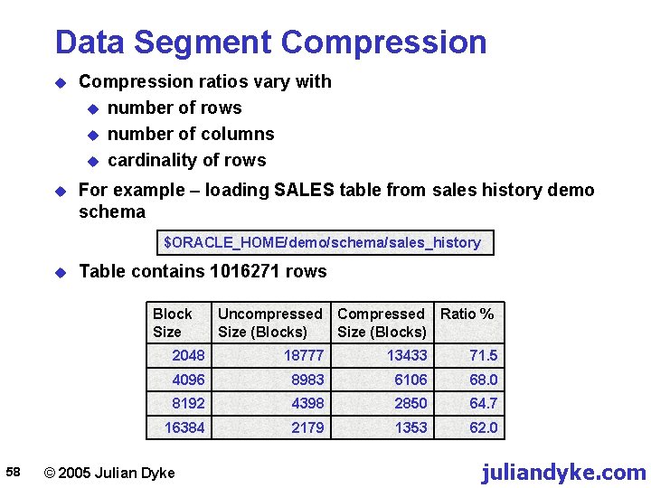 Data Segment Compression u Compression ratios vary with u number of rows u number