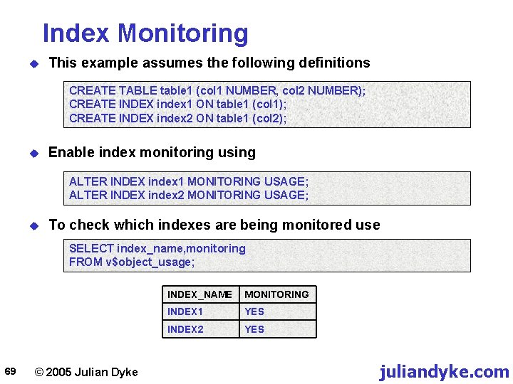 Index Monitoring u This example assumes the following definitions CREATE TABLE table 1 (col