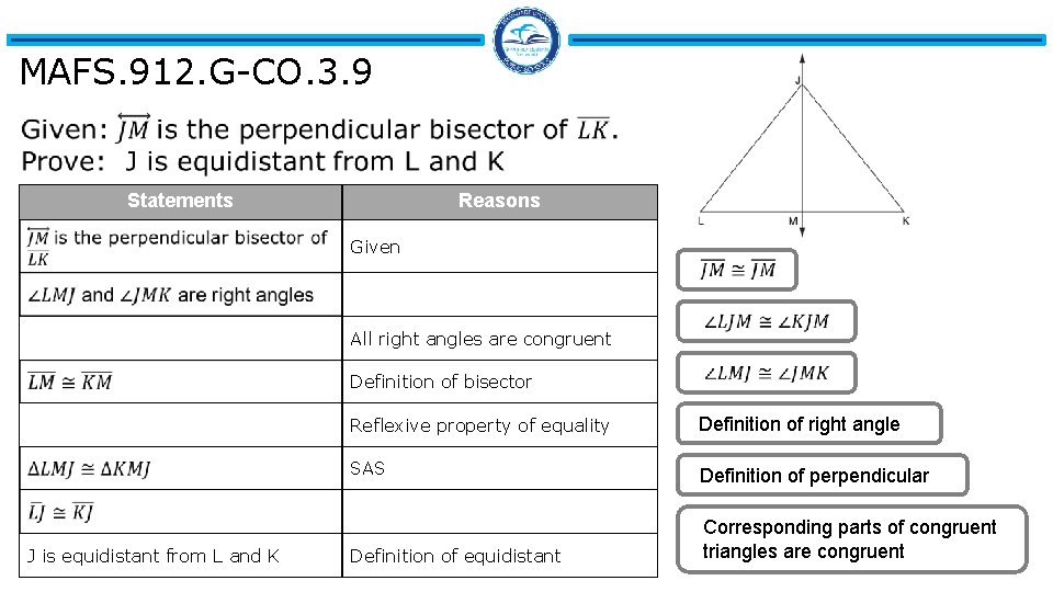 MAFS. 912. G-CO. 3. 9 Statements Reasons Given All right angles are congruent Definition