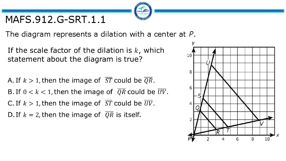 MAFS. 912. G-SRT. 1. 1 The diagram represents a dilation with a center at