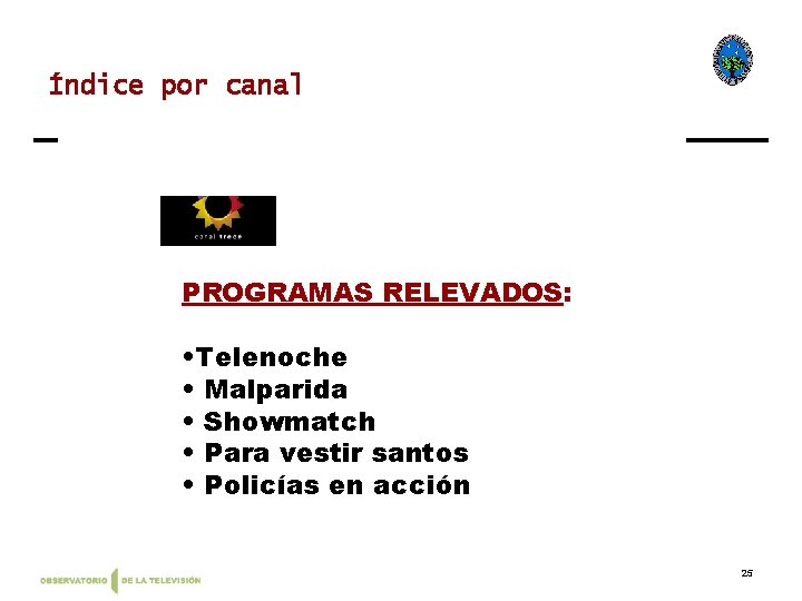 Índice por canal PROGRAMAS RELEVADOS: • Telenoche • Malparida • Showmatch • Para vestir