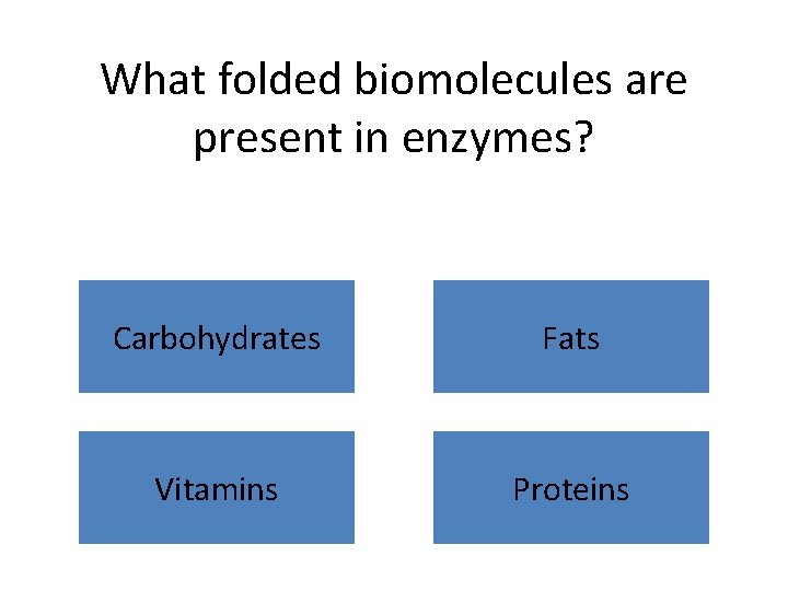 What folded biomolecules are present in enzymes? Carbohydrates Fats Vitamins Proteins 