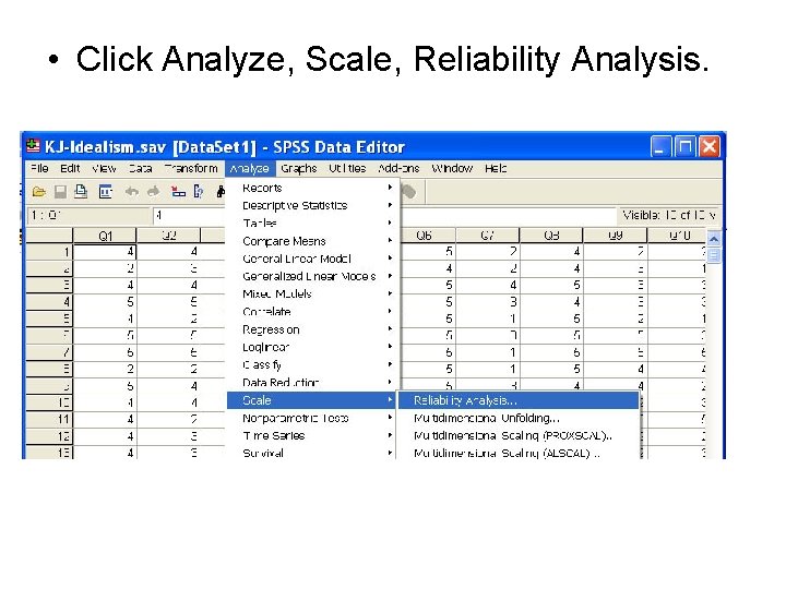 • Click Analyze, Scale, Reliability Analysis. • Click Analyze, Scale, Reliability Analysis.
