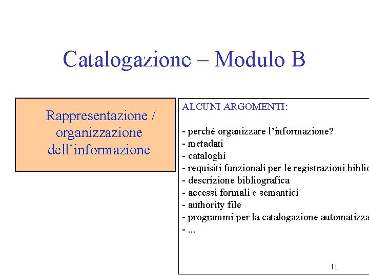 Catalogazione – Modulo B Rappresentazione / organizzazione dell’informazione ALCUNI ARGOMENTI: - perchè organizzare l’informazione?