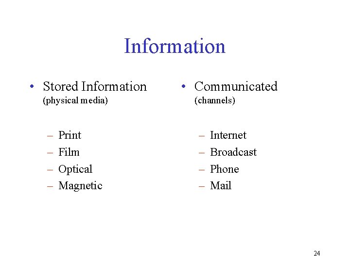 Information • Stored Information (physical media) – – Print Film Optical Magnetic • Communicated