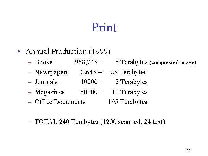 Print • Annual Production (1999) – – – Books 968, 735 = 8 Terabytes