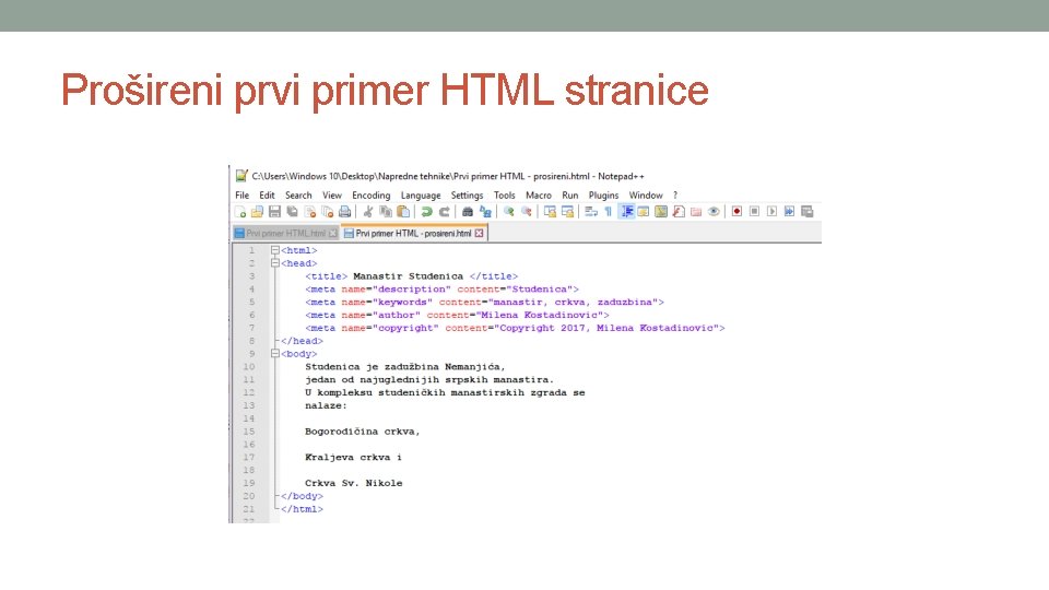 Prošireni prvi primer HTML stranice 