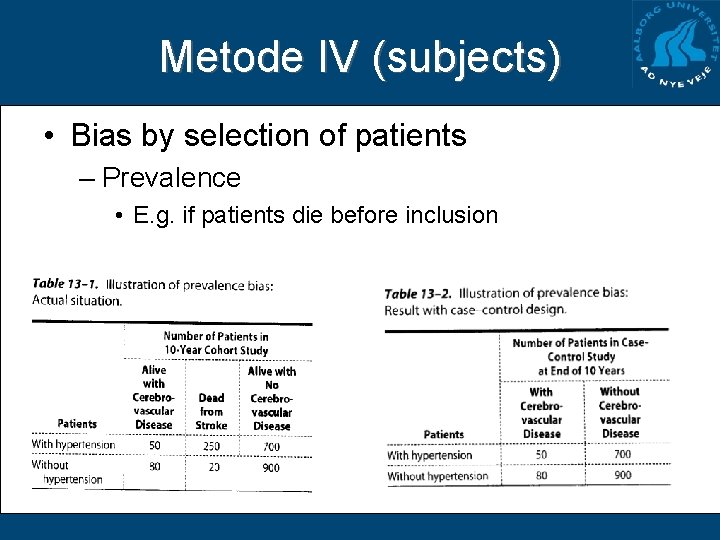 Metode IV (subjects) • Bias by selection of patients – Prevalence • E. g.