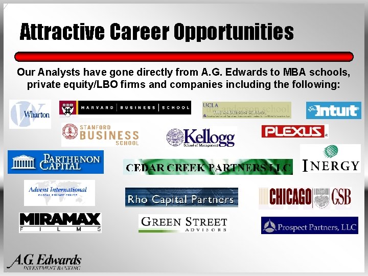 Attractive Career Opportunities Our Analysts have gone directly from A. G. Edwards to MBA