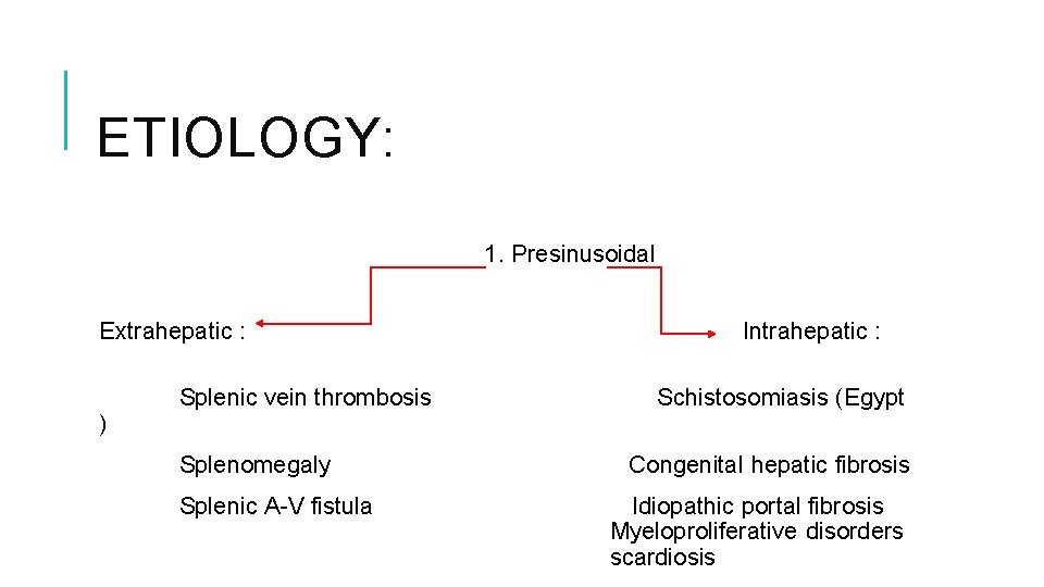 ETIOLOGY: 1. Presinusoidal Extrahepatic : ) Splenic vein thrombosis Splenomegaly Splenic A-V fistula Intrahepatic