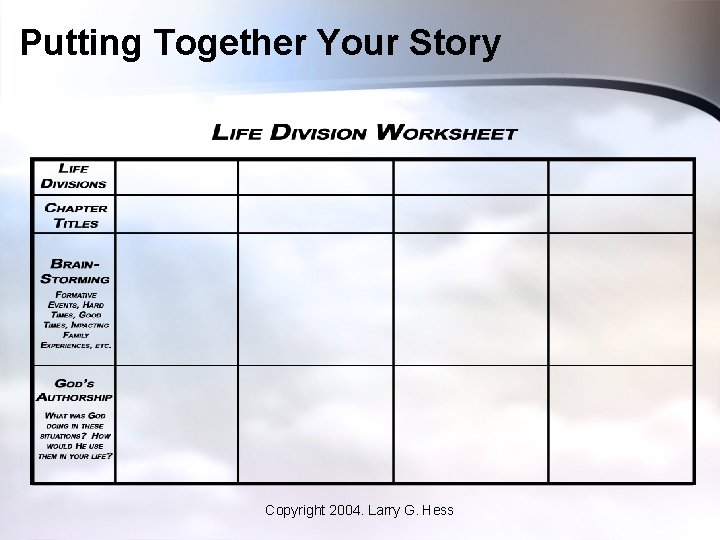 Putting Together Your Story Copyright 2004. Larry G. Hess 