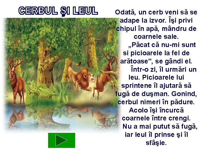 Odată, un cerb veni să se adape la izvor. Îşi privi chipul în apă,