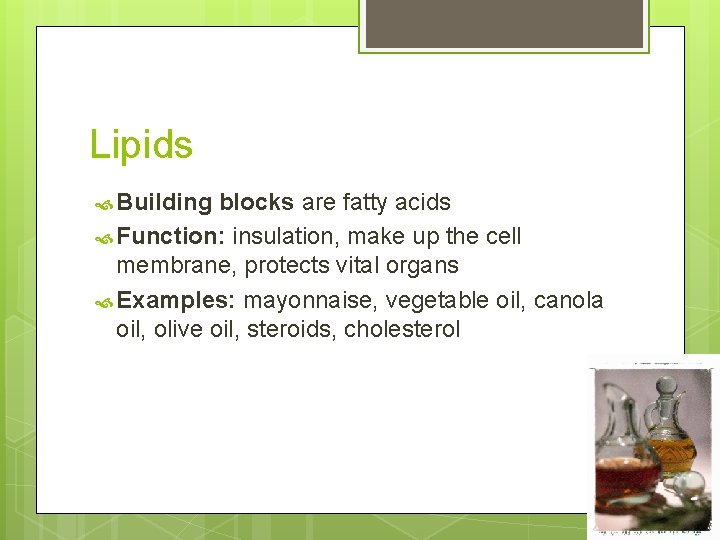 Lipids Building blocks are fatty acids Function: insulation, make up the cell membrane, protects