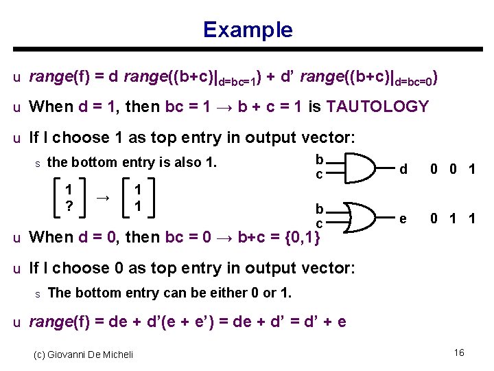 Example u range(f) = d range((b+c)|d=bc=1) + d’ range((b+c)|d=bc=0) u When d = 1,