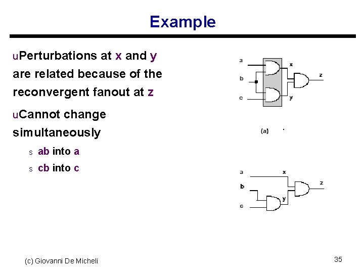 Example u. Perturbations at x and y are related because of the reconvergent fanout