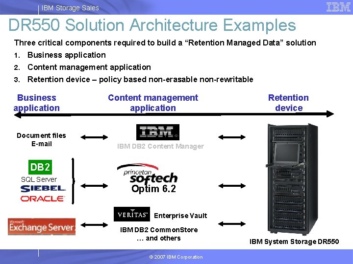 IBM Storage Sales DR 550 Solution Architecture Examples Three critical components required to build