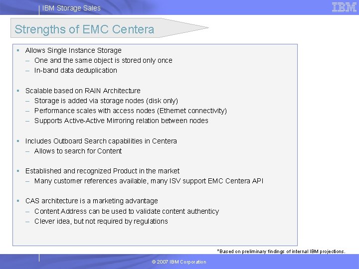IBM Storage Sales Strengths of EMC Centera § Allows Single Instance Storage – One