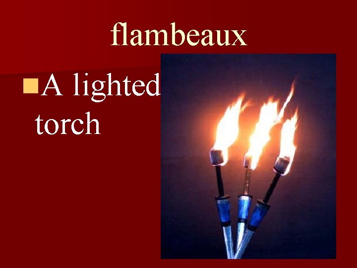 flambeaux n. A lighted torch 