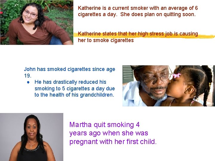 Katherine is a current smoker with an average of 6 cigarettes a day. She