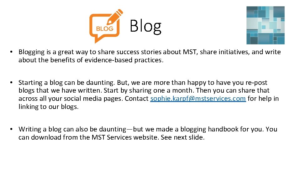 Blog • Blogging is a great way to share success stories about MST, share