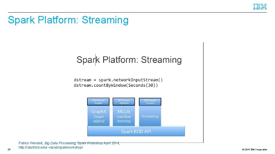 Spark Platform: Streaming 25 Patrick Wendell, Big Data Processing, Spark Workshop April 2014, http: